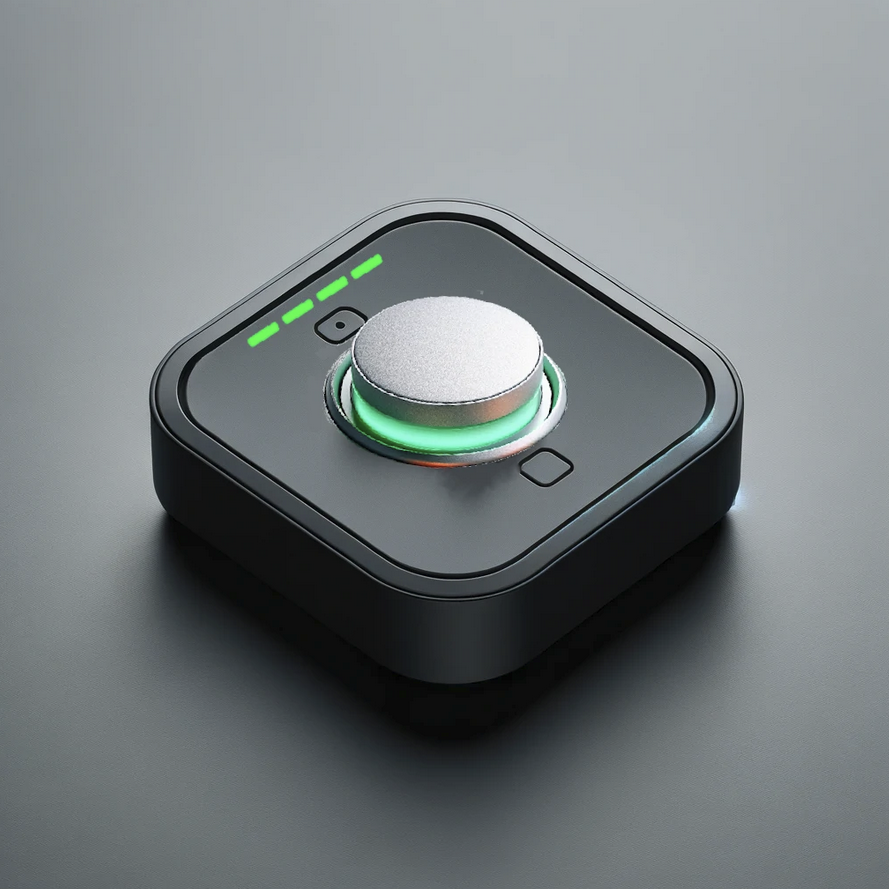 Wall-mounted emergency button with large central button and green status indicators, dark finish.