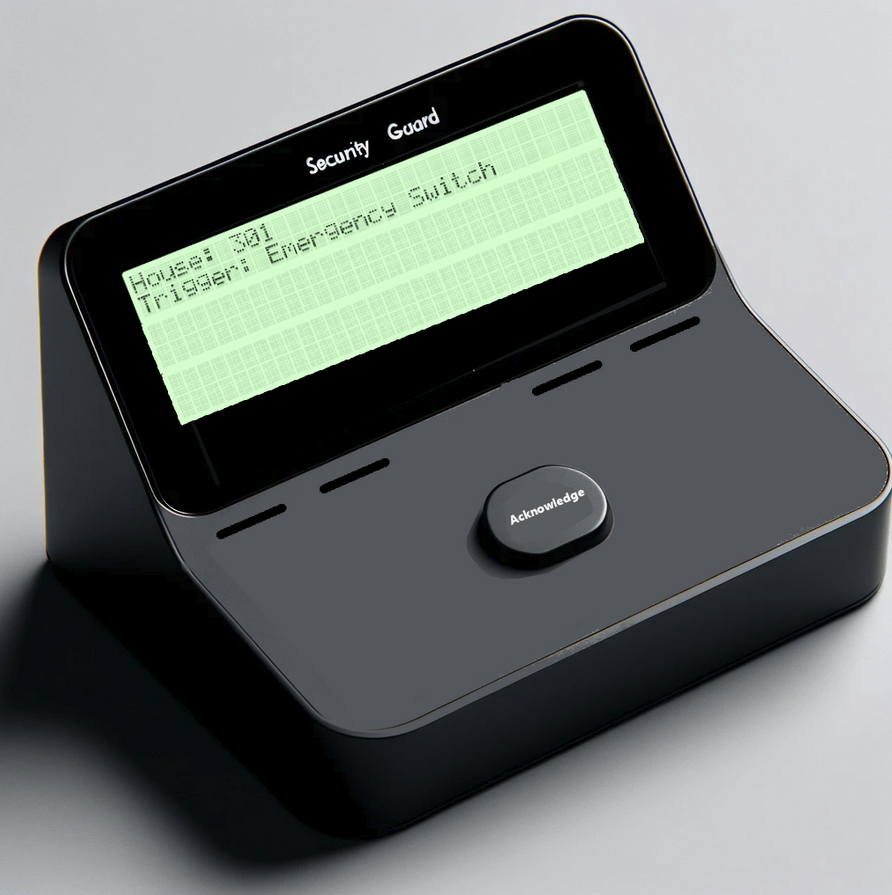 Security desk module with display and acknowledge button for guard desk.